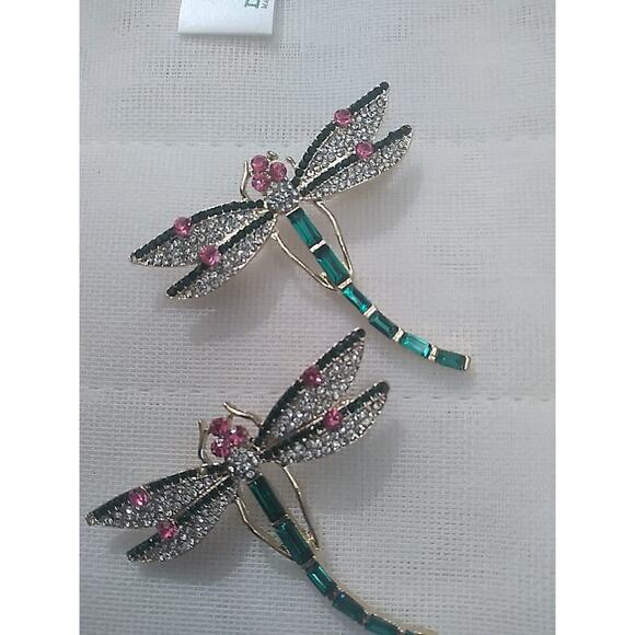 Oversized Dragonfly Brooch Pin Golden Tone Green Enamel Scarf Clip - Picture 2 of 5
